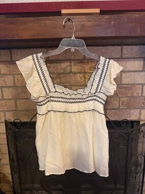 Women’s Cream Smocked Square-Neck Top with Black Stitching